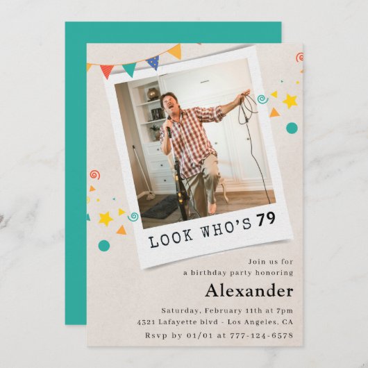 男おもしろい子79歳の誕生日招待状おもしろい写真 招待状 (正面/裏面)