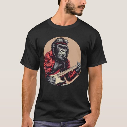 男おもしろい用のエレキギターの衣装を着たゴリラ Tシャツ (正面)