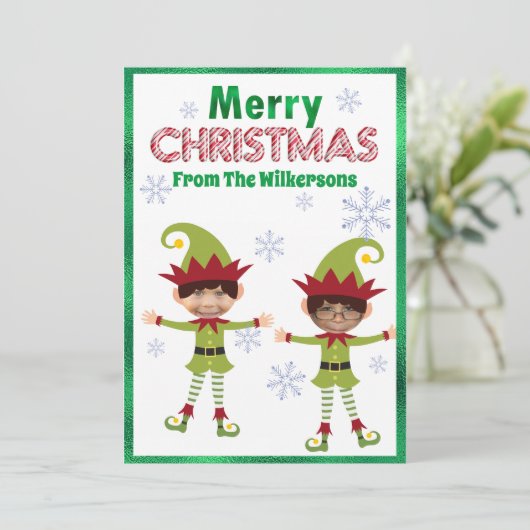 男のおもしろい子の小妖精や小人カスタム子供の写真メリークリスマス シーズンカード (スタンド正面)