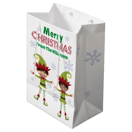 男のおもしろい子の小妖精や小人カスタム子供の写真メリークリスマス ミディアムペーパーバッグ (正面アングル)