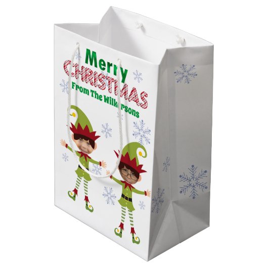 男のおもしろい子の小妖精や小人カスタム子供の写真メリークリスマス ミディアムペーパーバッグ (裏面アングル)