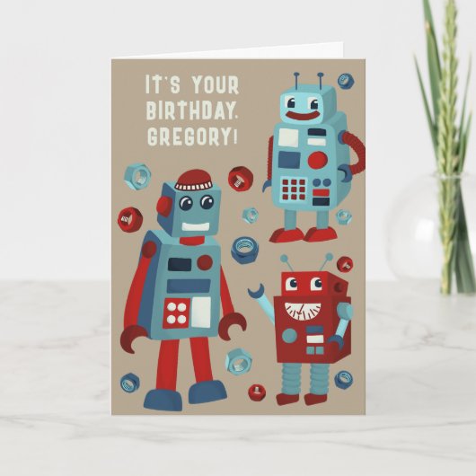 男のおもしろい子誕生日カードとレトロロボット カード (正面)