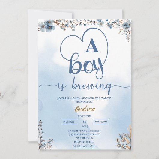 男のエレガント子が紅茶のパーティーをシャワーで醸造している 招待状 (正面)