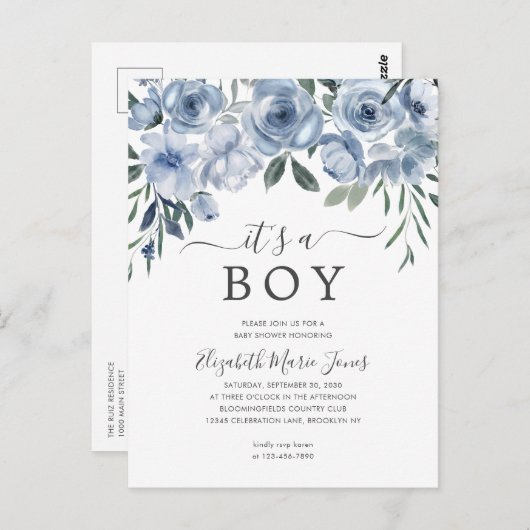男のエレガント子の埃っぽい青いフローラの赤ちゃんシャワー ポストカード (正面/裏面)
