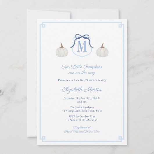 男のエレガント子の赤ちゃんシャワーの途中でツインカボチャ 招待状 (正面)