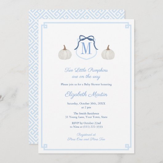 男のエレガント子の赤ちゃんシャワーの途中でツインカボチャ 招待状 (正面/裏面)