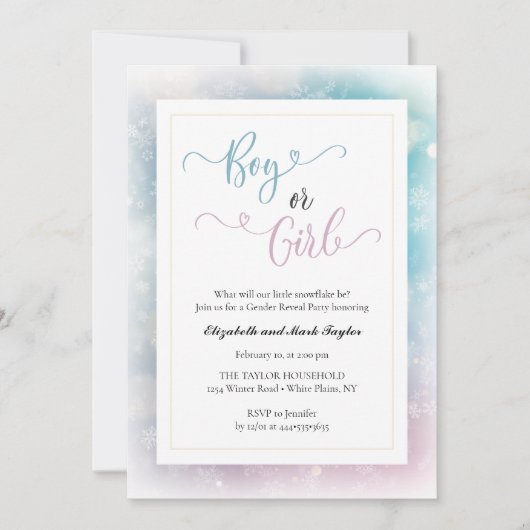 男のエレガント子または女の子の冬の雪片のジェンダーの明かす 招待状 (正面)