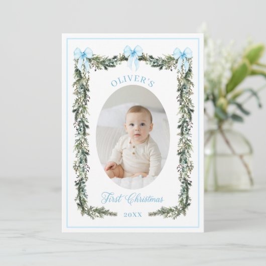 男のエレガント子初めてのクリスマスの写真カード カード (スタンド正面)