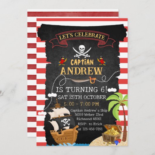 男のカスタム子のための海賊誕生日パーティー宝の地図 招待状 (正面/裏面)