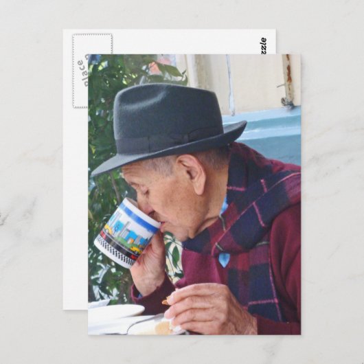 男のカフェ – コーヒーの最初のカップ ポストカード (正面/裏面)