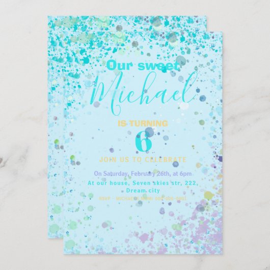 男のカラフル子の誕生日パーティーの招待状 案内状 (正面/裏面)