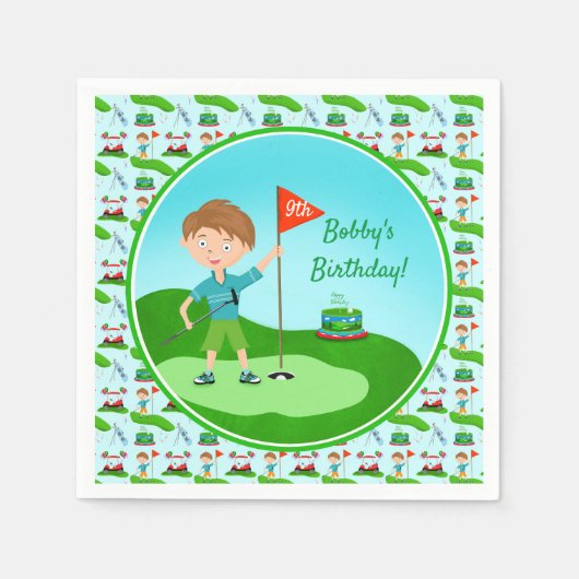 男のクール子のゴルフをテーマにした誕生日パーティー スタンダードカクテルナプキン (正面)