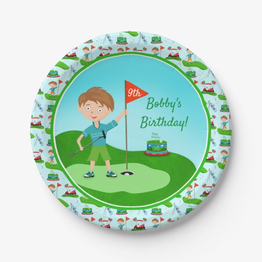 男のクール子のゴルフをテーマにした誕生日パーティー ペーパープレート (正面)