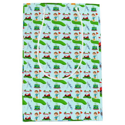 男のクール子のゴルフをテーマにした誕生日パーティー ミディアムペーパーバッグ (正面)