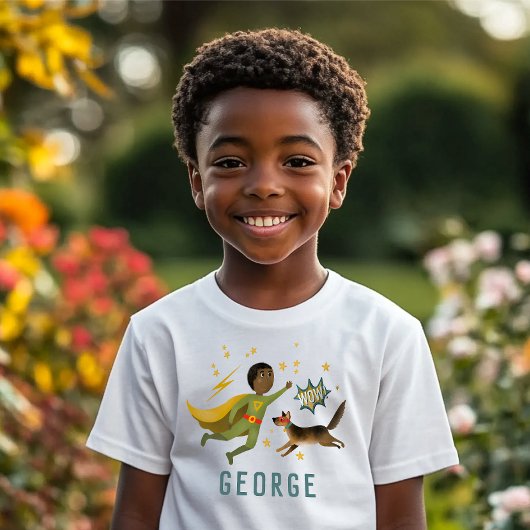 男のクール子アクションSuperheroと犬の子供 Tシャツ