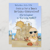 男のクール子ビーチベビーとサンドキャッスル1歳の誕生日 招待状 (正面/裏面)