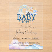 男のスペインの子の赤ちゃんシャワーテディベア飛行機ブルー アクリル招待状 (正面)