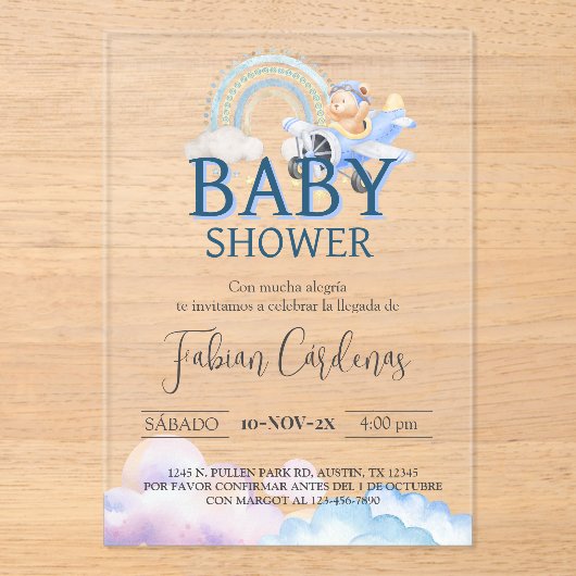 男のスペインの子の赤ちゃんシャワーテディベア飛行機ブルー アクリル招待状 (正面)