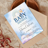 男のスペインの子の赤ちゃんシャワーテディベア飛行機ブルー 招待状