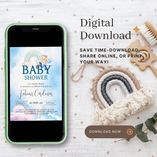 男のスペインの子の赤ちゃんシャワーテディベア飛行機ブルー 招待状