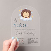 男のスペインの子の赤ちゃんシャワーライオンQrコードベビーレジストリ アクリル招待状 (インサイチュ (ポータブル))