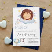 男のスペインの子の赤ちゃんシャワーライオンQrコードベビーレジストリ 招待状