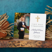 男のパーソナライズされた子の写真First Holy Communion フォトプラーク (側面)