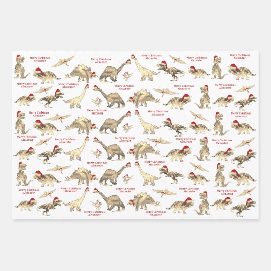 男のパーソナライズされた子の名前かわいいクリスマス恐竜 ラッピングペーパーシート (正面3)