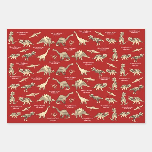 男のパーソナライズされた子の名前かわいいクリスマス恐竜 ラッピングペーパーシート (正面2)