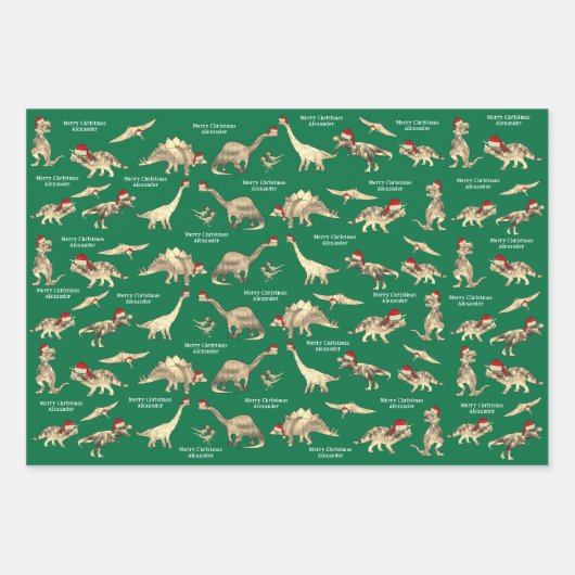 男のパーソナライズされた子の名前かわいいクリスマス恐竜 ラッピングペーパーシート (正面)