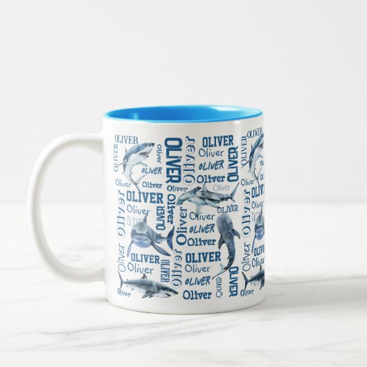 男のパーソナライズされた子の名前のマグサメ飲料パイ ツートーンマグカップ (左)