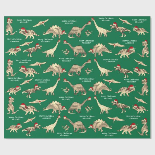 男のパーソナライズされた子の名前の恐竜のクリスマス ラッピングペーパー (フラット)