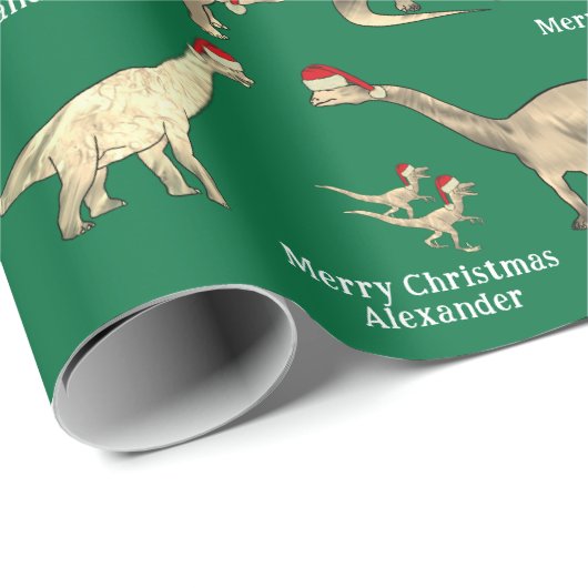 男のパーソナライズされた子の名前の恐竜のクリスマス ラッピングペーパー (ロールコーナー)