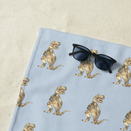 男のパーソナライズされた子の名前の恐竜の青 ビーチタオル (インサイチュ)