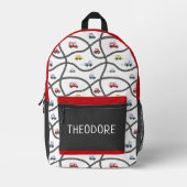 男のパーソナライズされた子の名前の車のテーマ プリントバックパック (正面)