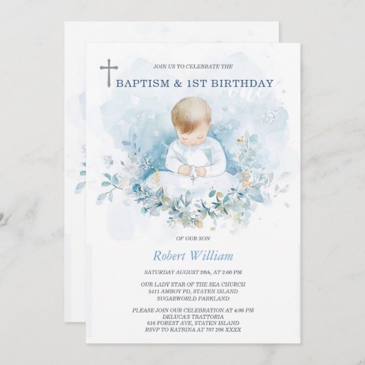 男のパーソナライズされた子の誕生日と洗礼 招待状 (正面/裏面)