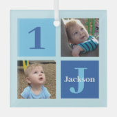 男のパーソナライズされた子フォトコラージブルークリスマス ガラスオーナメント (正面)