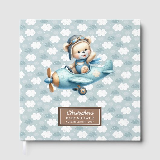 男のパーソナライズされた子ベイビーシャワーゲストブックテディベア ゲストブック (正面)