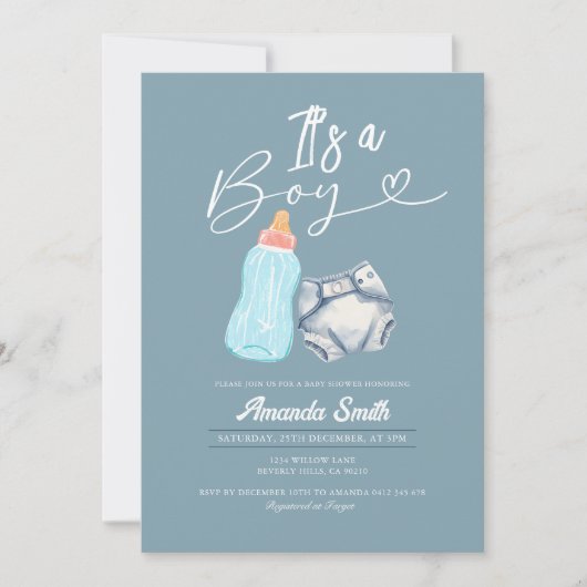 男のモダン子のミルクボトルのおむつ 招待状 (正面)