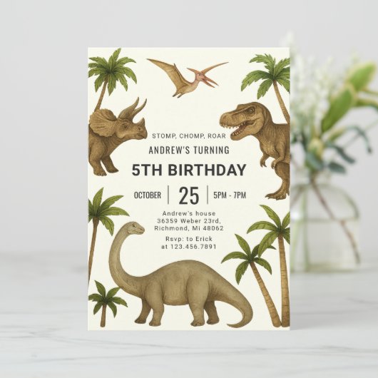 男のモダン子の個人恐竜誕生日 招待状 (スタンド正面)