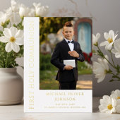 男のモダン子の写真First Holy Communion金ゴールド 箔招待状