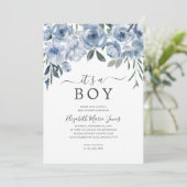 男のモダン子の埃っぽい青いフローラの赤ちゃんシャワー 招待状 (スタンド正面)