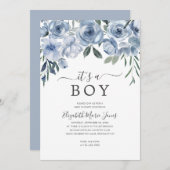 男のモダン子の埃っぽい青いフローラの赤ちゃんシャワー 招待状 (正面/裏面)