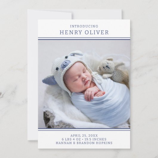 男のモダン子の青い写真の誕生発表 招待状 (正面)