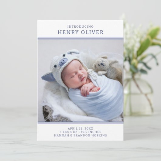 男のモダン子の青い写真の誕生発表 招待状 (スタンド正面)