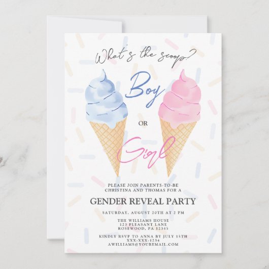 男のモダン子または女の子のアイスクリーム性別の表示 招待状 (正面)