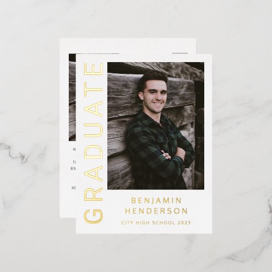男のモダン子フォトゴールドフォイル卒業発表 箔招待状ポストカード (正面/裏面)