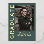 男のモダン子フォトゴールドフォイル卒業発表 箔招待状 (正面)