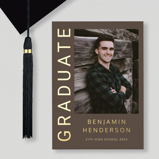 男のモダン子フォトゴールドフォイル卒業発表 箔招待状