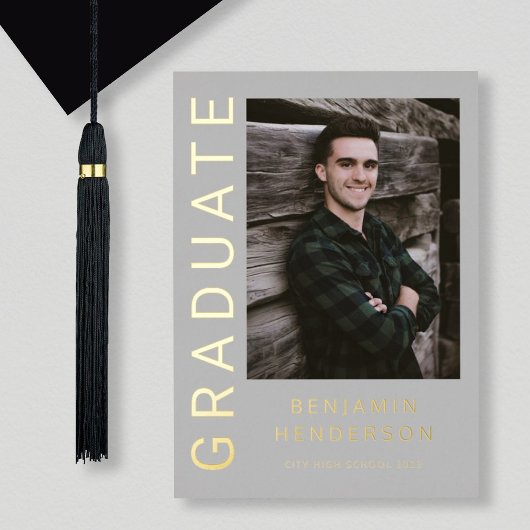 男のモダン子フォトゴールドフォイル卒業発表 箔招待状